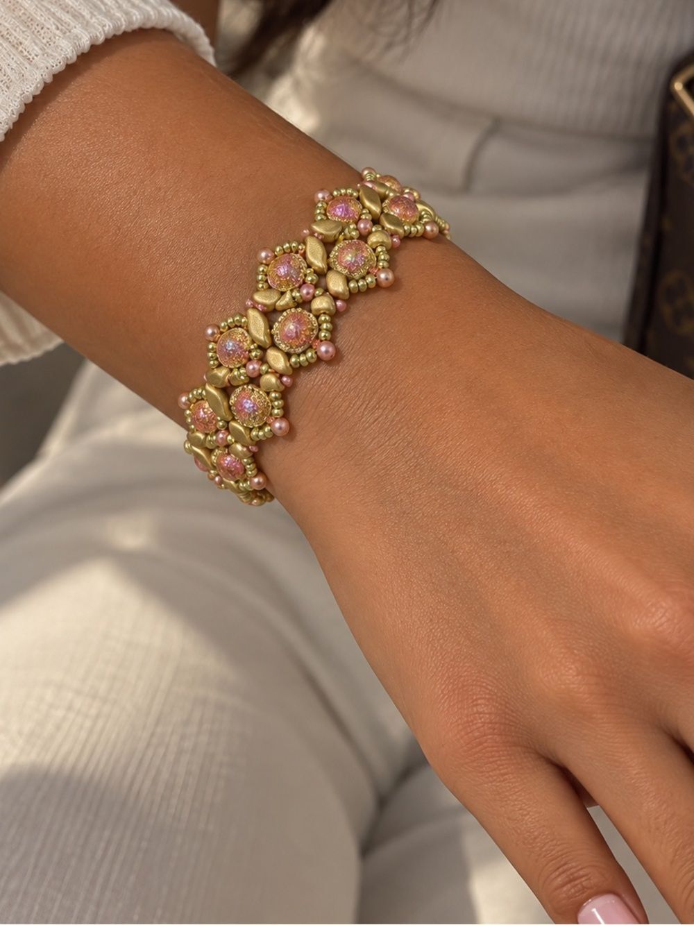 Beaded Gold and Pink Women's Bracelet - handmade in USA